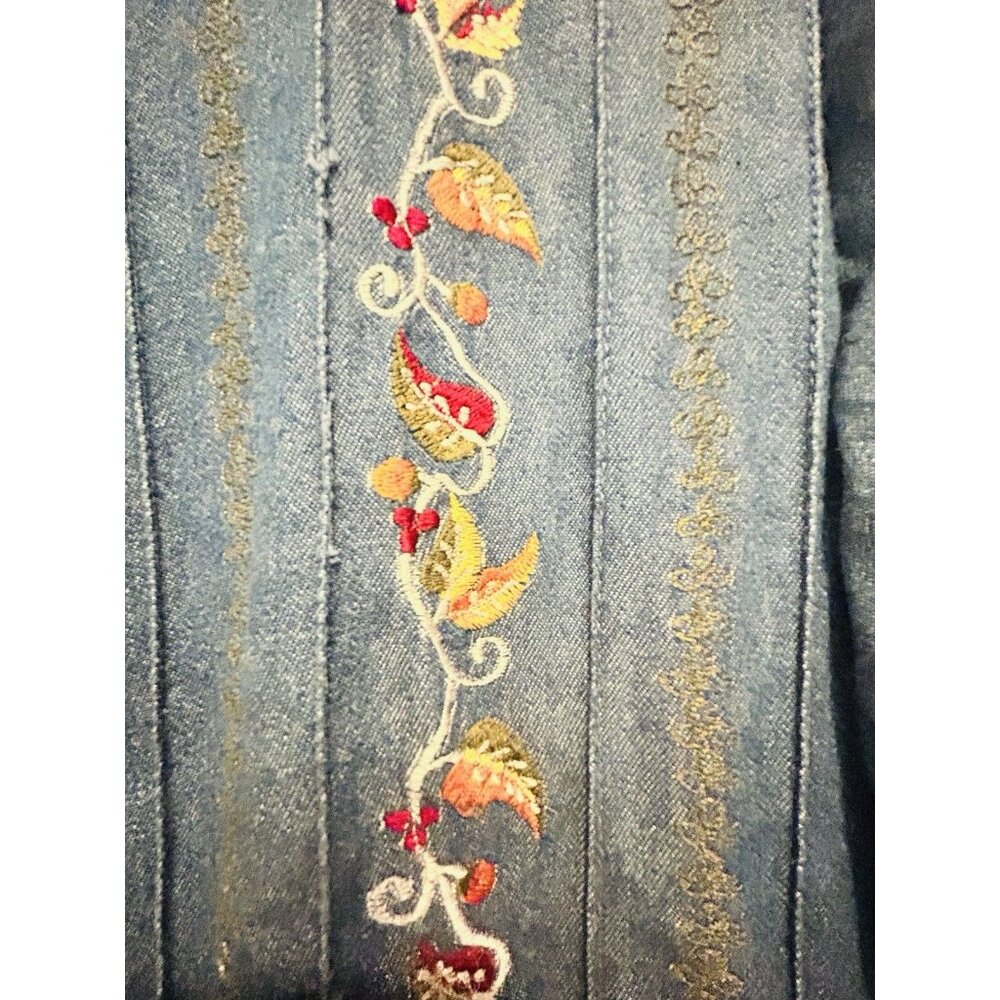 Vintage Cottagecore Denim Embroidered Prairie Dress Size Medium Back Tie Bird - Picture 11 of 14